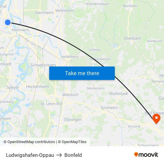 Ludwigshafen-Oppau to Bonfeld map