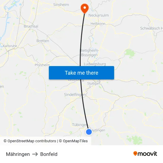 Mähringen to Bonfeld map