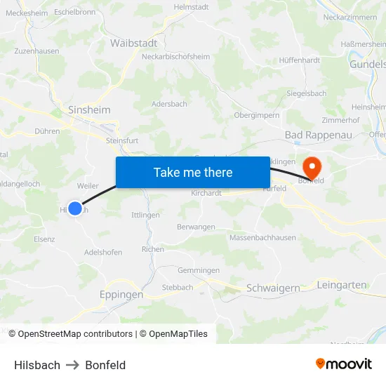 Hilsbach to Bonfeld map