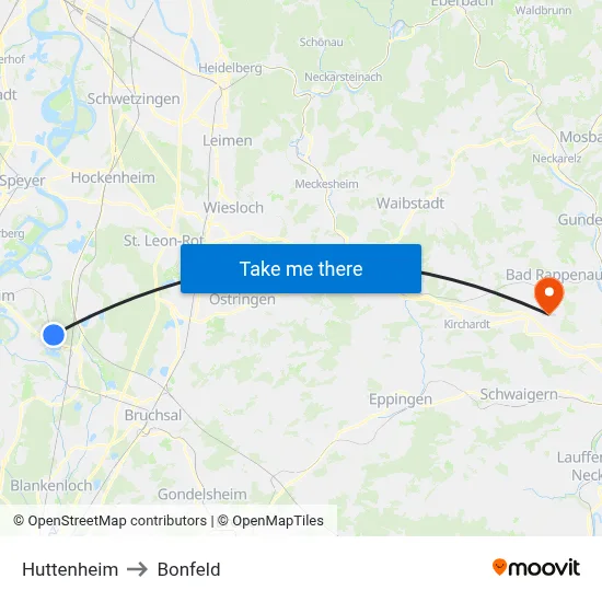 Huttenheim to Bonfeld map