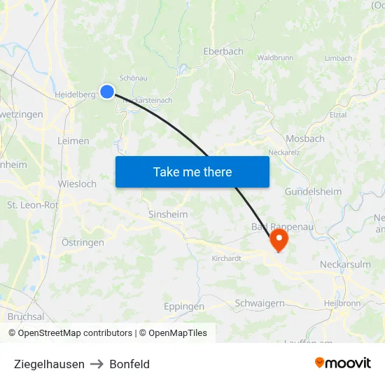 Ziegelhausen to Bonfeld map