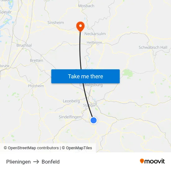 Plieningen to Bonfeld map