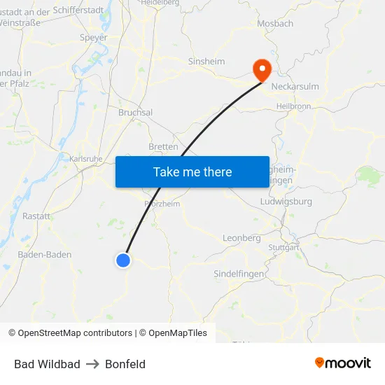 Bad Wildbad to Bonfeld map