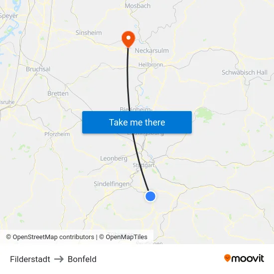 Filderstadt to Bonfeld map