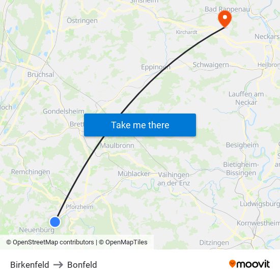 Birkenfeld to Bonfeld map