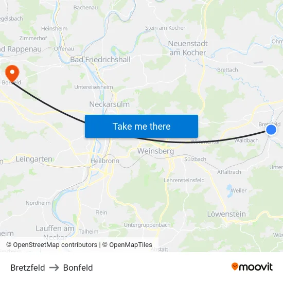 Bretzfeld to Bonfeld map