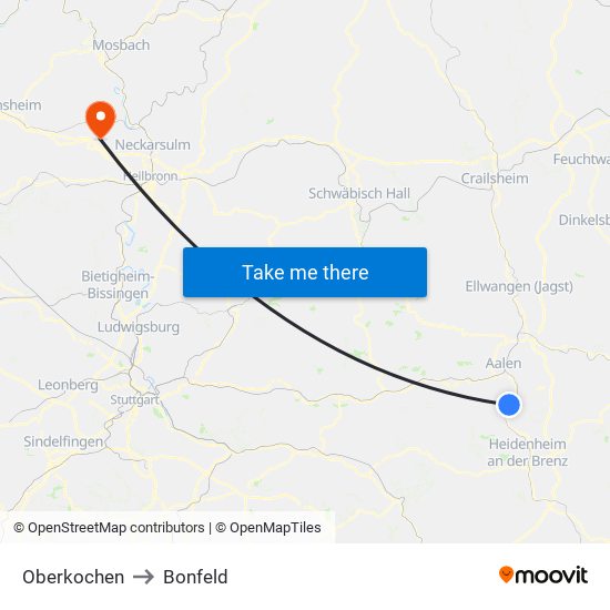 Oberkochen to Bonfeld map