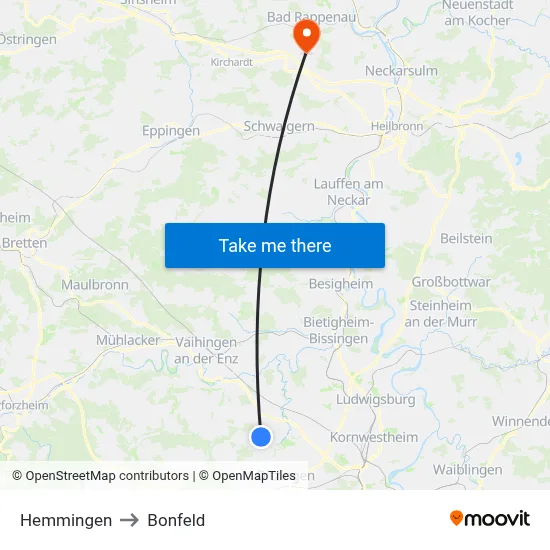 Hemmingen to Bonfeld map