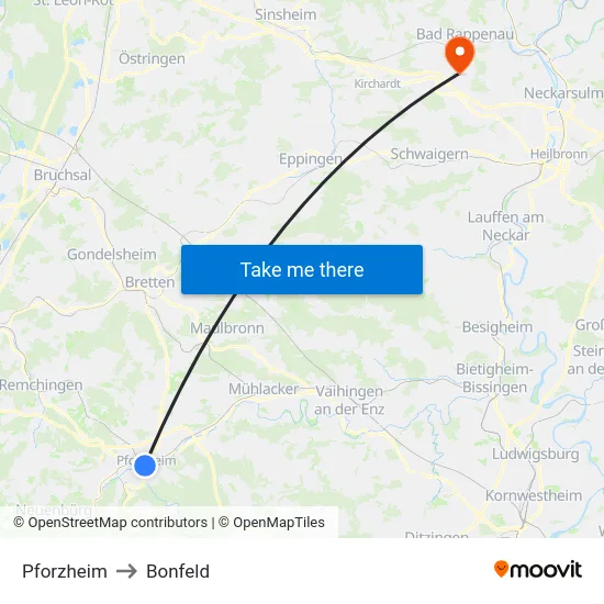 Pforzheim to Bonfeld map