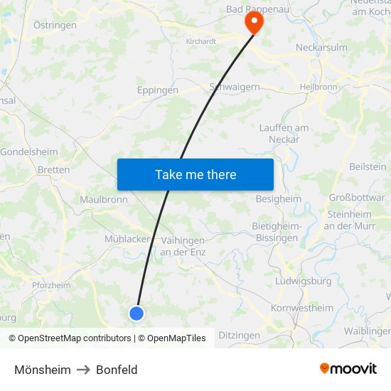 Mönsheim to Bonfeld map