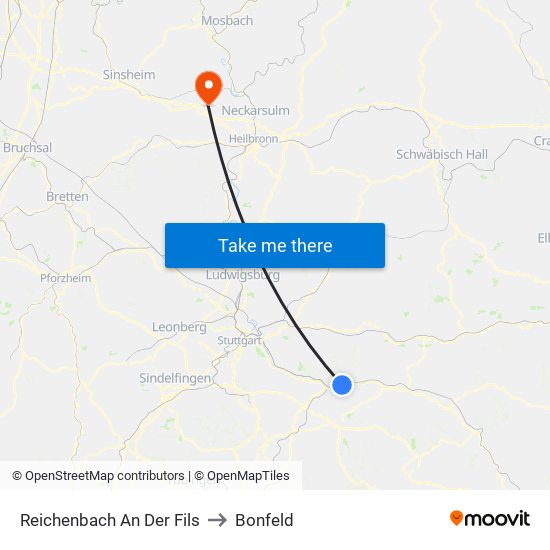 Reichenbach An Der Fils to Bonfeld map