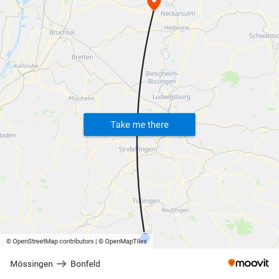 Mössingen to Bonfeld map