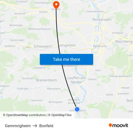 Gemmrigheim to Bonfeld map