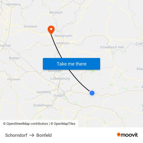 Schorndorf to Bonfeld map