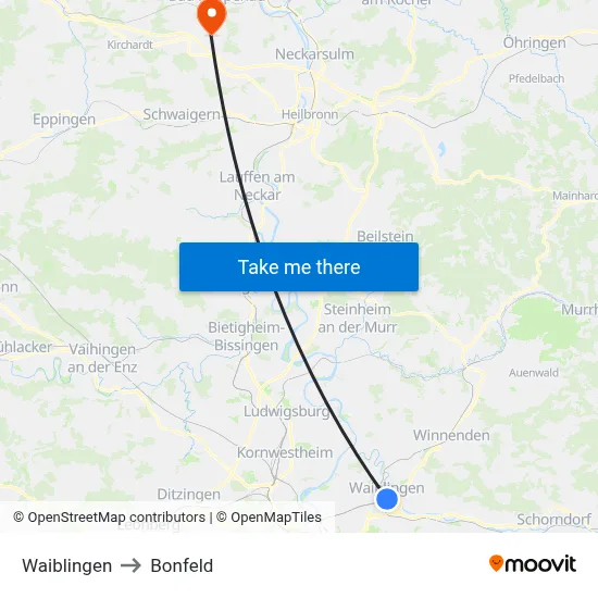 Waiblingen to Bonfeld map