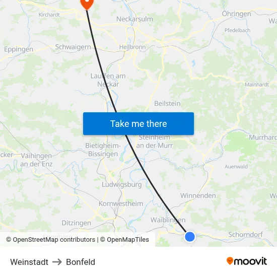 Weinstadt to Bonfeld map