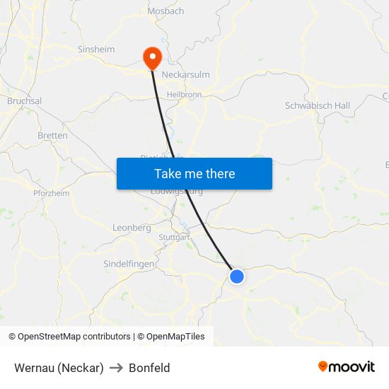 Wernau (Neckar) to Bonfeld map