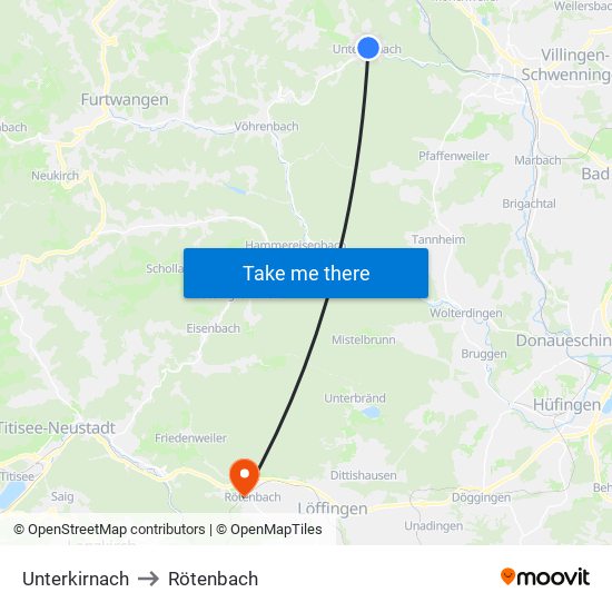 Unterkirnach to Rötenbach map