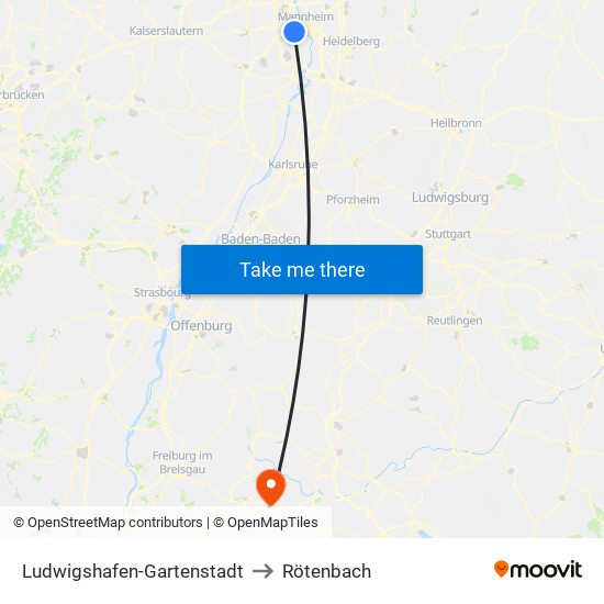 Ludwigshafen-Gartenstadt to Rötenbach map