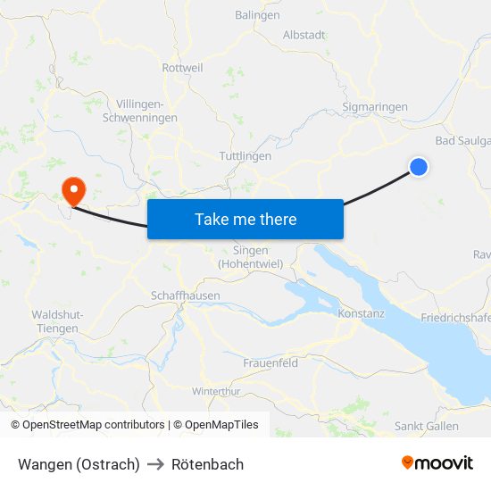 Wangen (Ostrach) to Rötenbach map