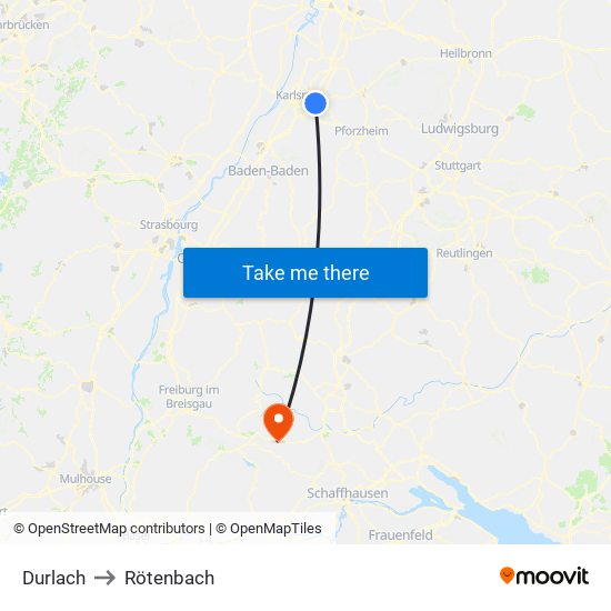 Durlach to Rötenbach map