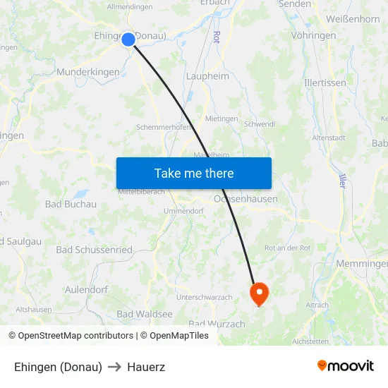 Ehingen (Donau) to Hauerz map