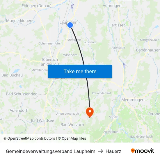 Gemeindeverwaltungsverband Laupheim to Hauerz map