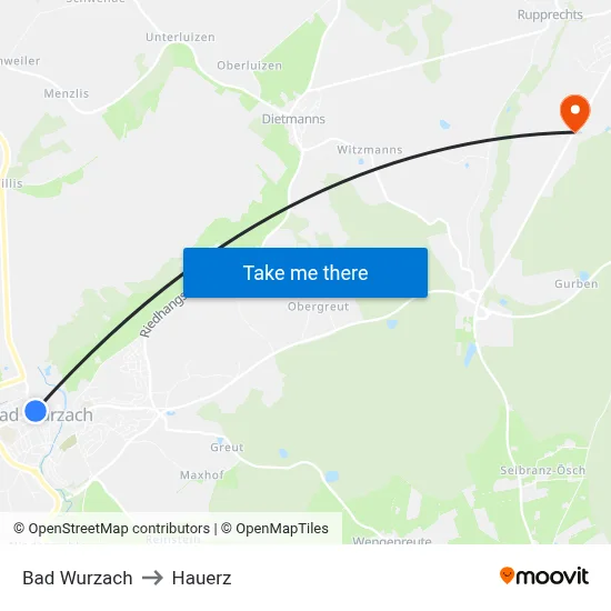 Bad Wurzach to Hauerz map