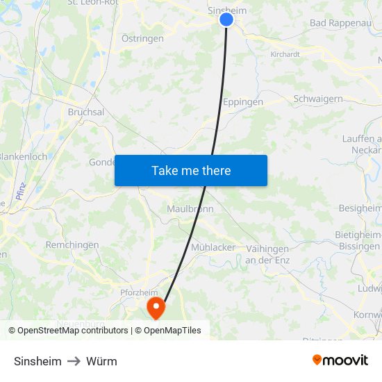 Sinsheim to Würm map