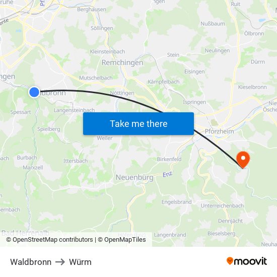 Waldbronn to Würm map