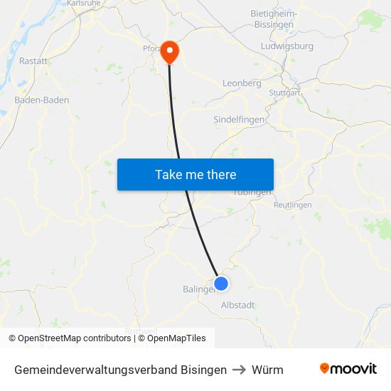 Gemeindeverwaltungsverband Bisingen to Würm map