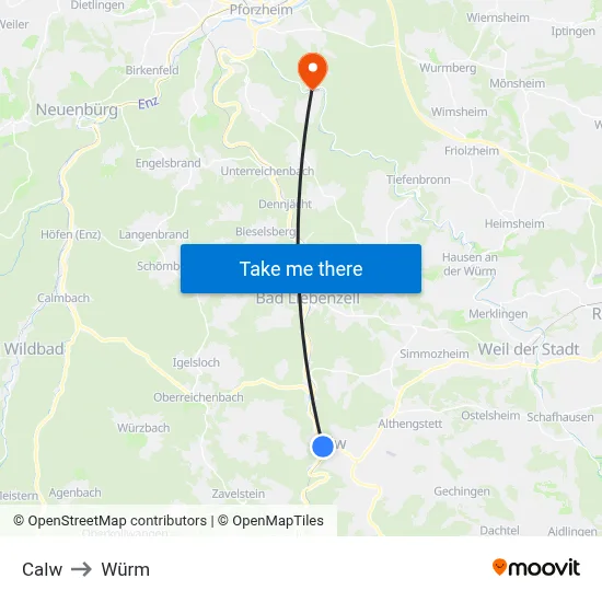Calw to Würm map
