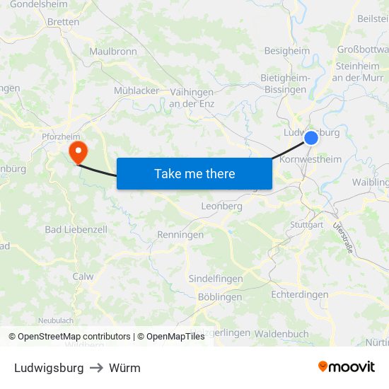 Ludwigsburg to Würm map