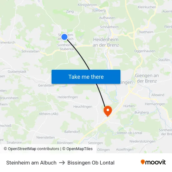 Steinheim am Albuch to Bissingen Ob Lontal map
