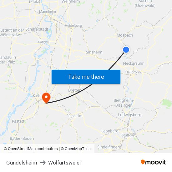 Gundelsheim to Wolfartsweier map