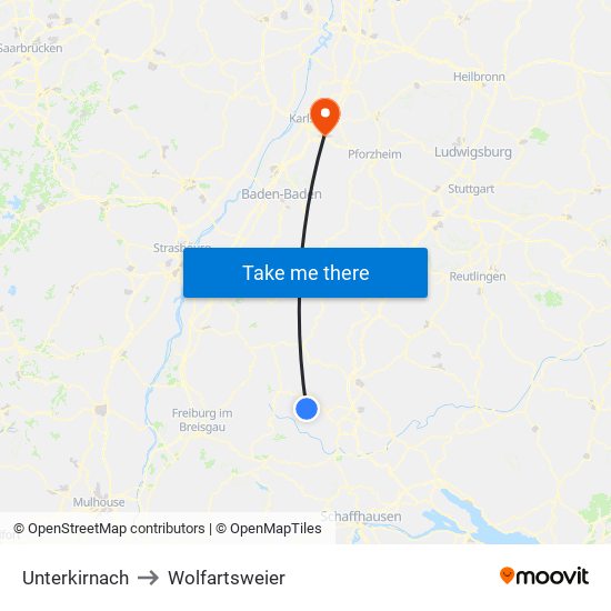 Unterkirnach to Wolfartsweier map