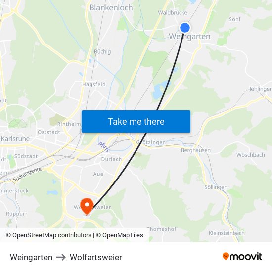 Weingarten to Wolfartsweier map