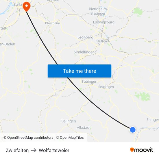 Zwiefalten to Wolfartsweier map