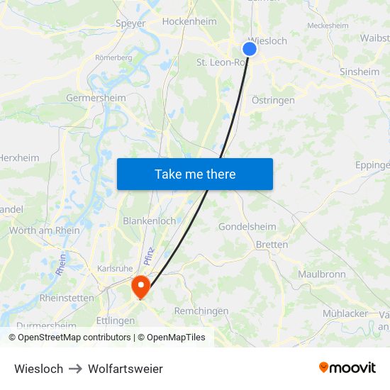 Wiesloch to Wolfartsweier map