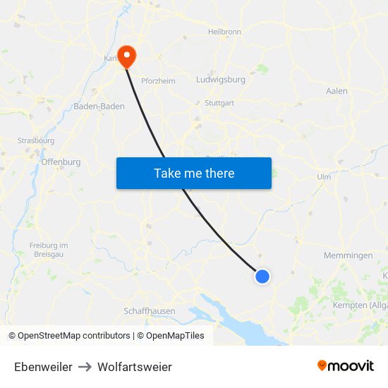 Ebenweiler to Wolfartsweier map