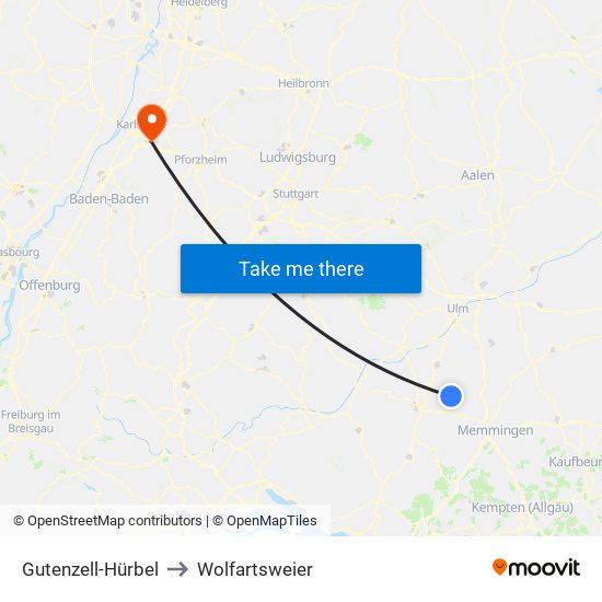 Gutenzell-Hürbel to Wolfartsweier map