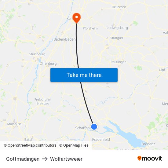 Gottmadingen to Wolfartsweier map