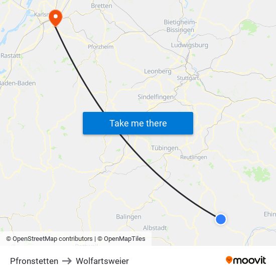 Pfronstetten to Wolfartsweier map