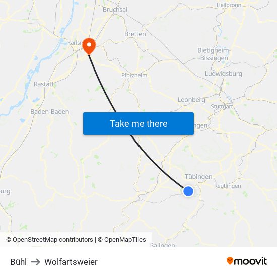 Bühl to Wolfartsweier map