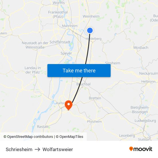 Schriesheim to Wolfartsweier map