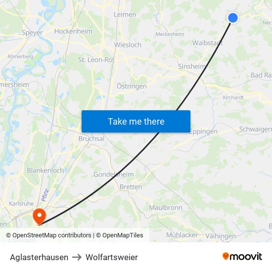 Aglasterhausen to Wolfartsweier map