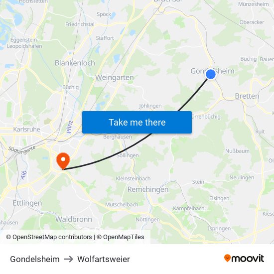 Gondelsheim to Wolfartsweier map