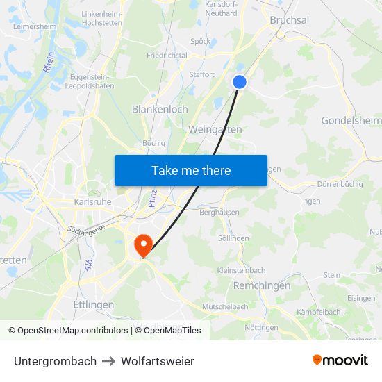 Untergrombach to Wolfartsweier map