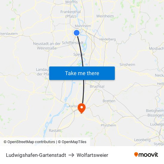 Ludwigshafen-Gartenstadt to Wolfartsweier map