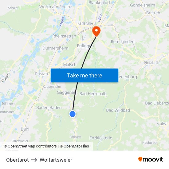Obertsrot to Wolfartsweier map